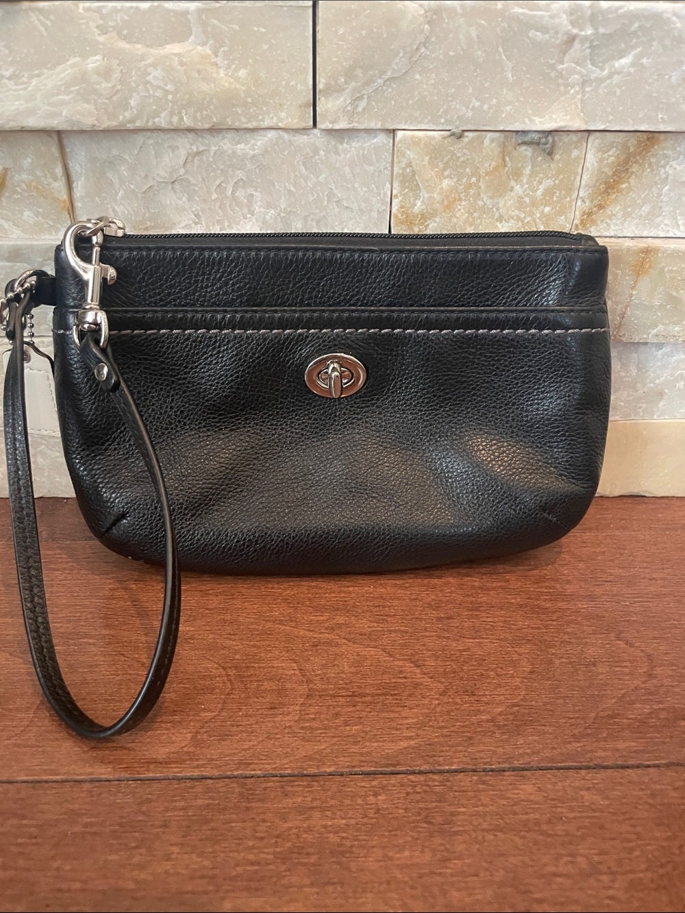 Coach Black Leather Turnlock Wristlet